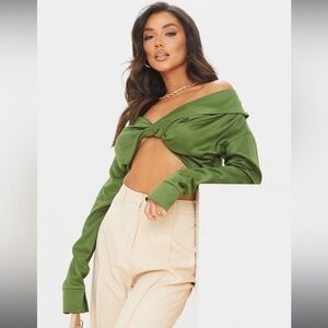 NWT PrettyLittleThing Olive Bardot Twist Front Crop Top